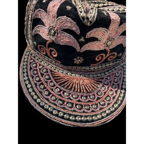 Handcrafted Black & Pink Floral Embroidered Cap Made In Burma With Intricate Bea - Picture 4 of 5